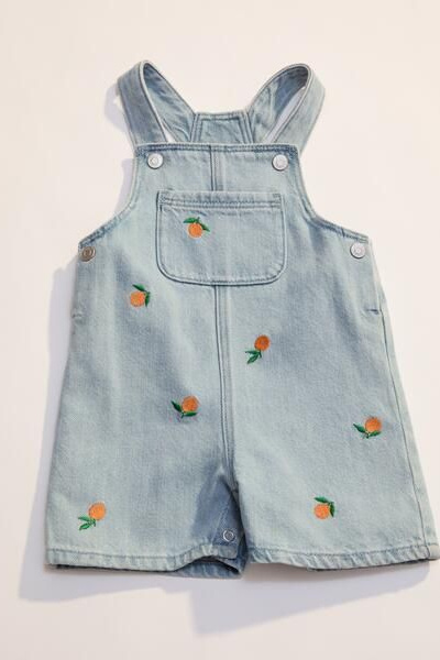 Embroidered Denim Dungaree Shorts – Blue/Oranges – ARKET DK