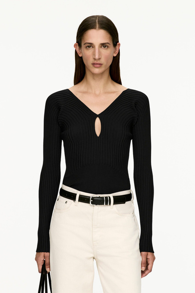 Haut côtelé à col en V – Noir – Femme – ARKET FR