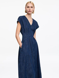 arket denim dress ARKET Lightweight Denim Midi Dress With Pleated Bodice in Blue